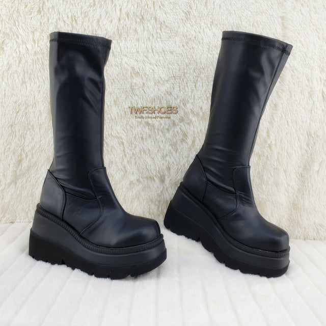 Demonia Shaker 65 Black Matte Platform 4.5" Wedge Heel Knee Boots NY - Totally Wicked Footwear