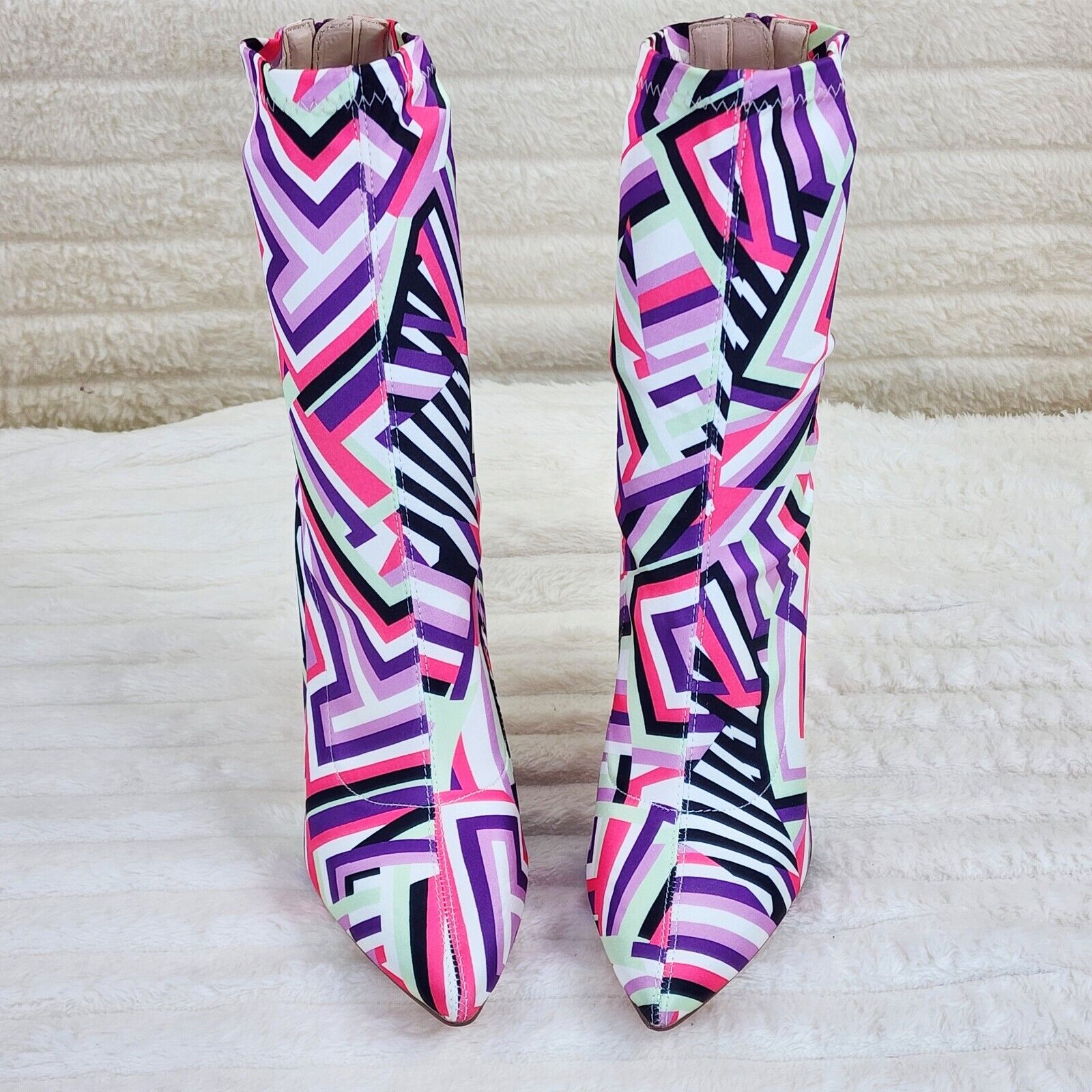 Odin Crazy Wild Color Pattern High Heel Stretch Fabric Ankle Boots - Purple Pink - Totally Wicked Footwear