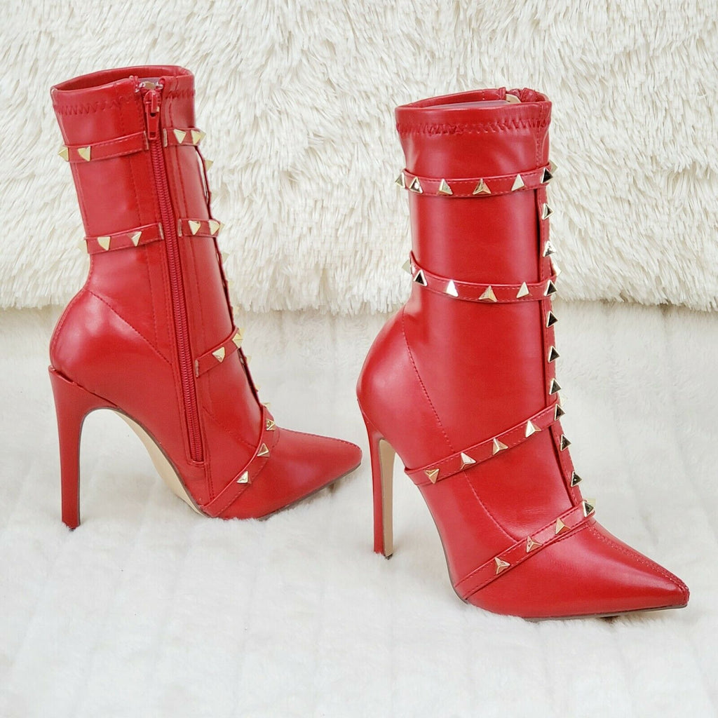 Mark Pyramid Stud Strap High Heel Pointy Toe Stretch Ankle Boots Red - Totally Wicked Footwear