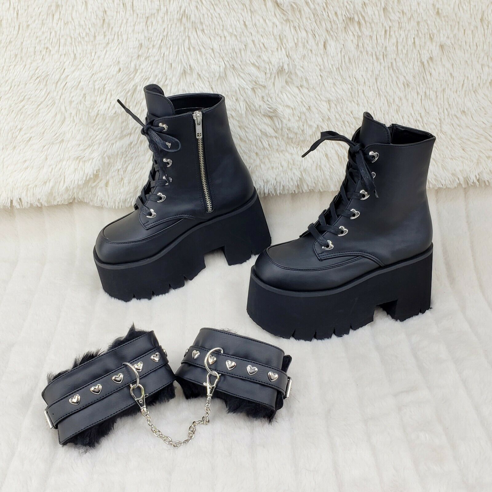 Ashes 57 Black Heart Studs 3.5" Platform Goth Boots Fur Lined Cuffs & Chain NY - Totally Wicked Footwear
