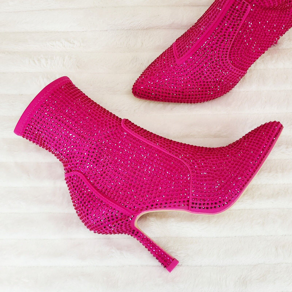 Stunning Fuchsia Hot Pink Stretch Rhinestone Ankle Boots 3.5" Heels - Totally Wicked Footwear