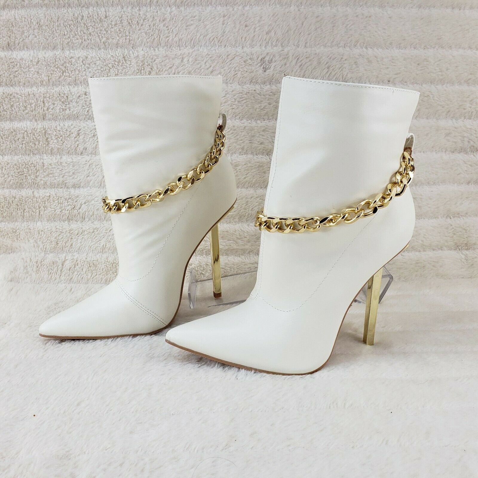 Venomous White Pointy Toe Spike Stiletto Heel Ankle Boots Gold Tone Chain - Totally Wicked Footwear