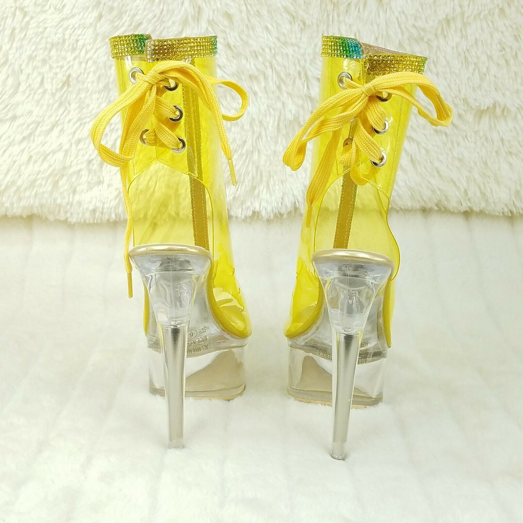 1018C Xapala Yellow Clear Platform Heels Shoes Rhinestone Trim Ankle Boots - Totally Wicked Footwear