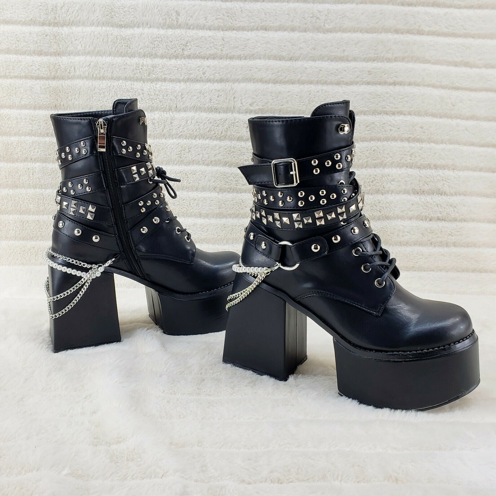Ocho Black Ice Multipile Strap Platform Chunky Block Heel Ankle Boots - Totally Wicked Footwear