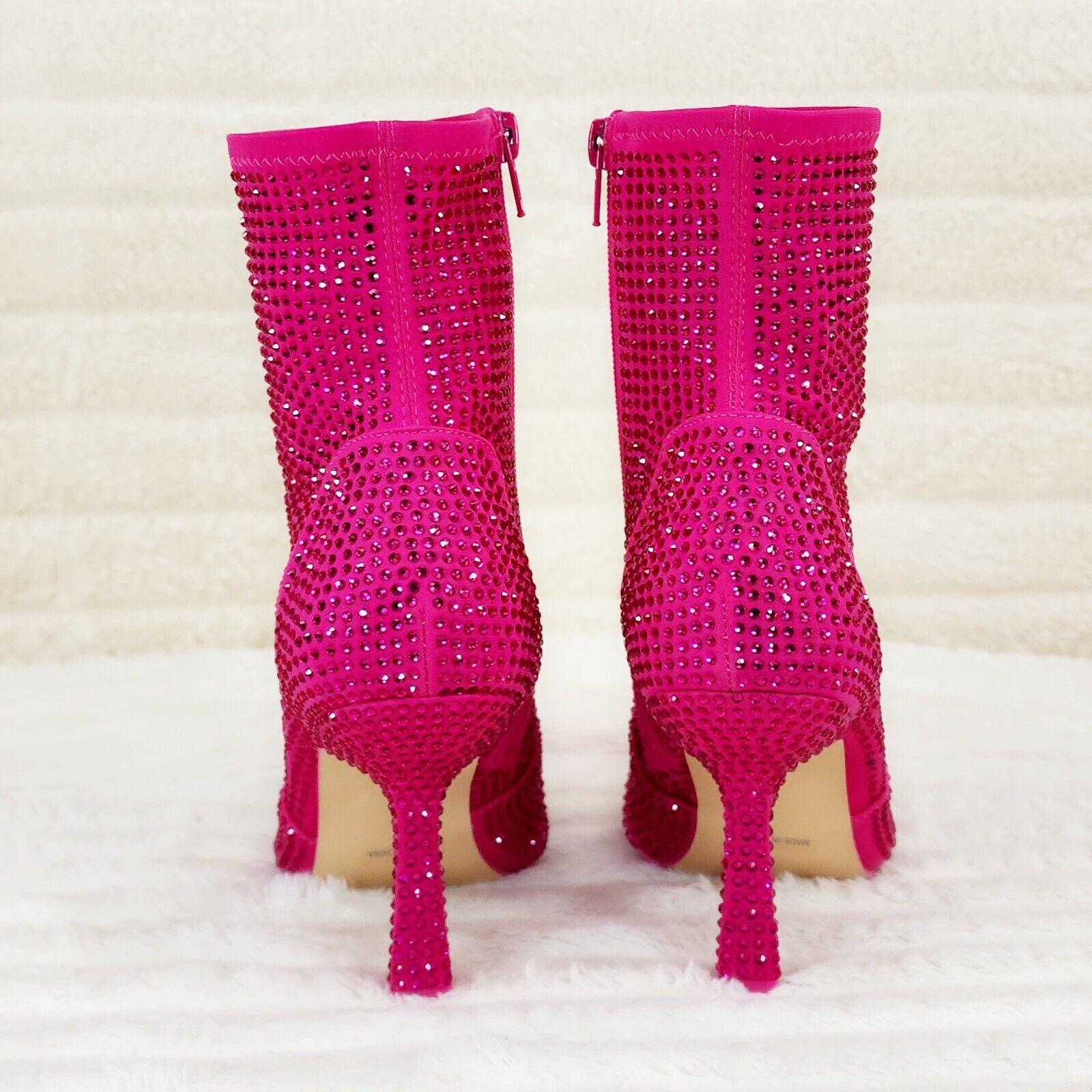 Stunning Fuchsia Hot Pink Stretch Rhinestone Ankle Boots 3.5" Heels - Totally Wicked Footwear
