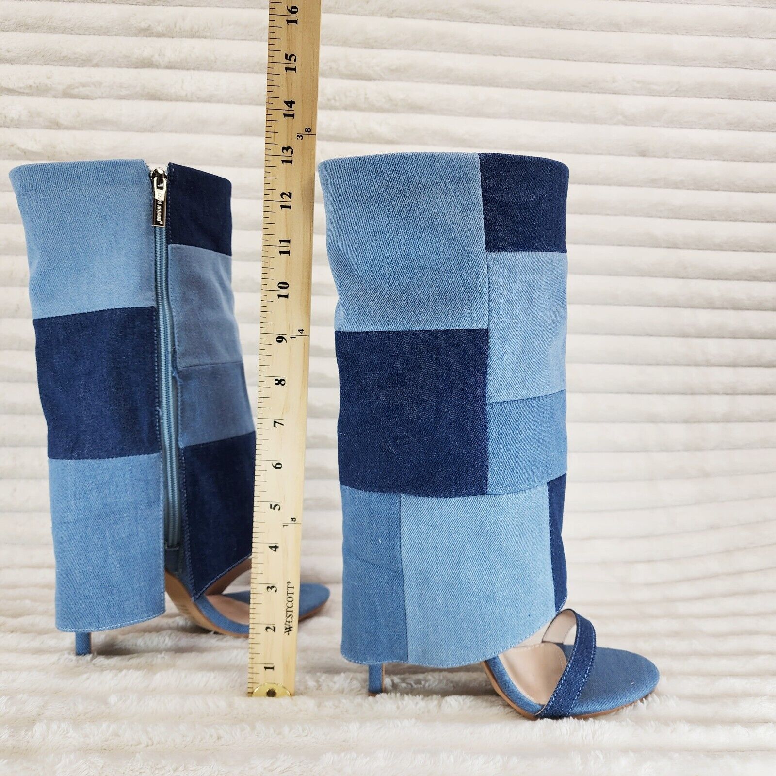 Paris Denim Patchwork Stiletto Fold Over Skirted Shootie Boot Sandals - Totally Wicked Footwear