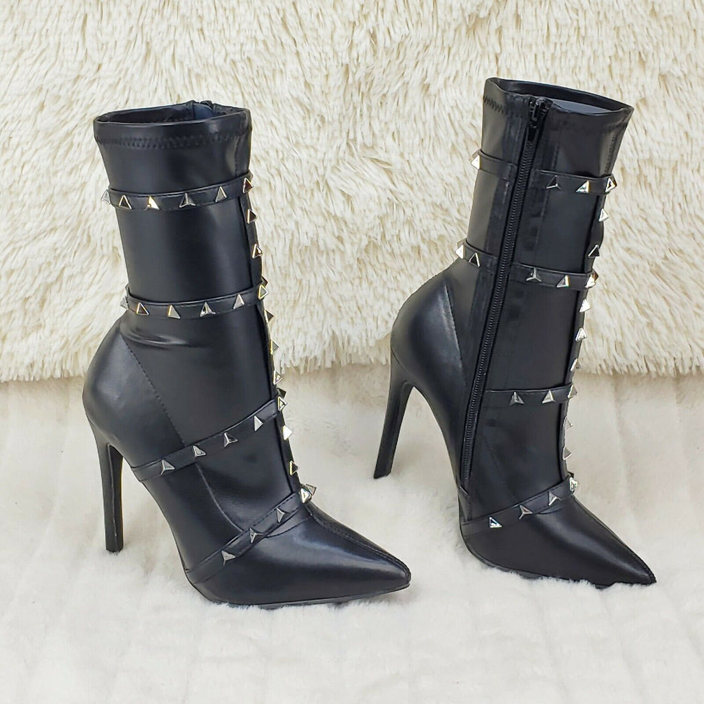 Mark Pyramid Stud Strap High Heel Pointy Toe Stretch Ankle Boots Black - Totally Wicked Footwear