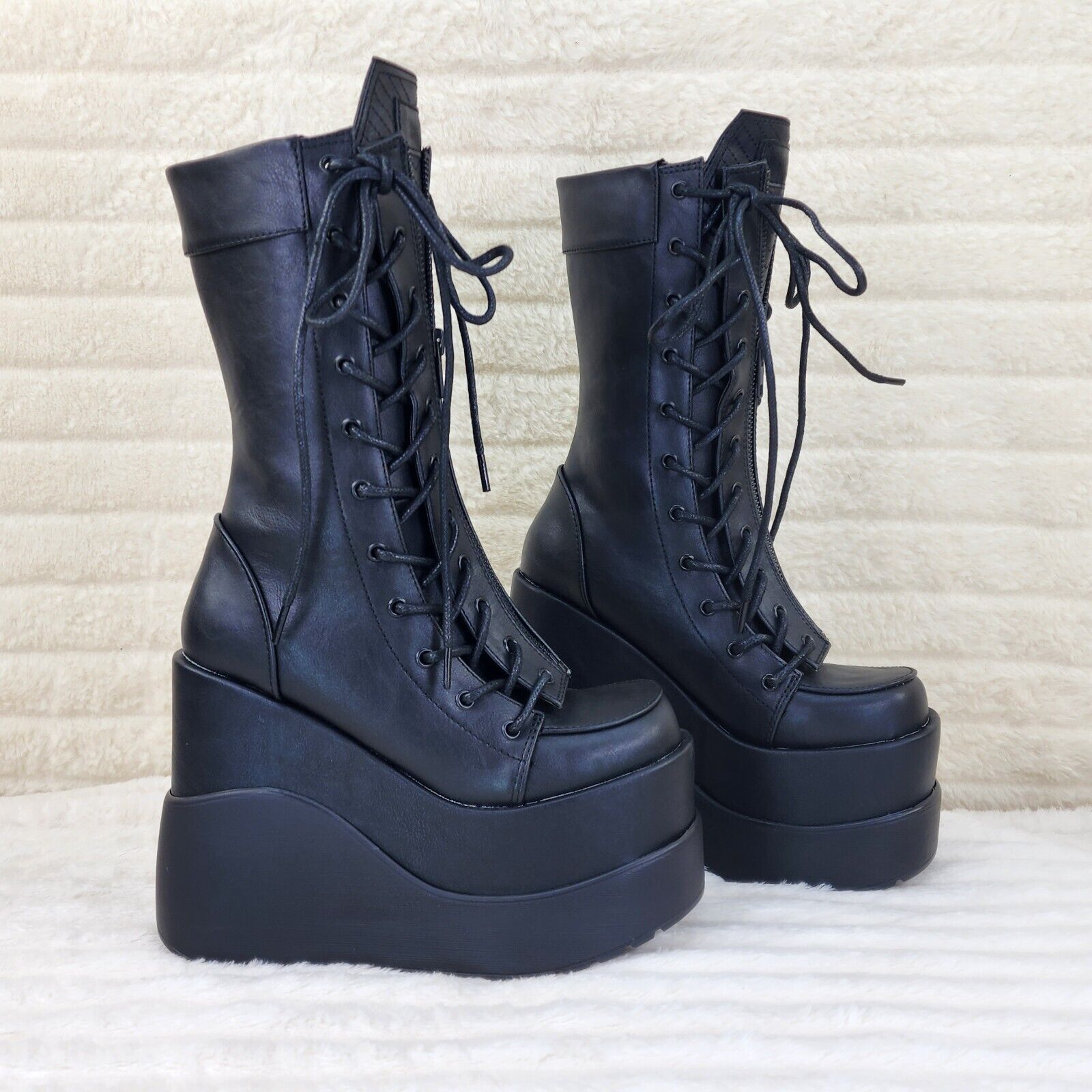 Void Black Matte Reflective Platform Wedge Mid Calf Boots IN HOUSE NY Demonia - Totally Wicked Footwear