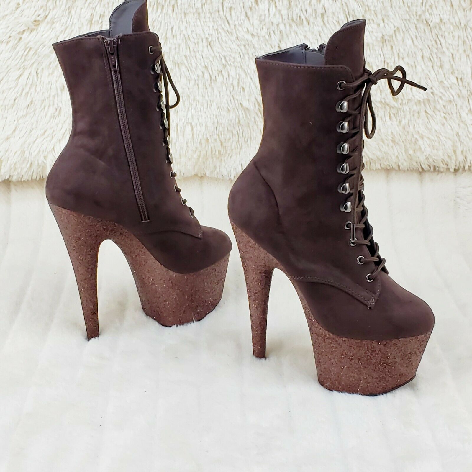 Adore 1020FSMG Brown Mocha V Suede & Glitter 7" High Heel Platform Ankle Boot NY - Totally Wicked Footwear