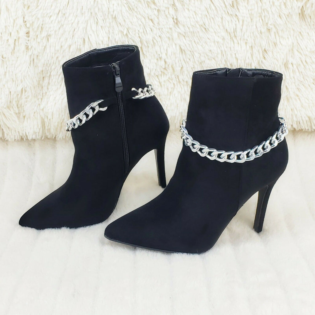 Mata Black FX Suede & Chain Sexy Pointy Toe 4" Stiletto High Heel Ankle Boots - Totally Wicked Footwear