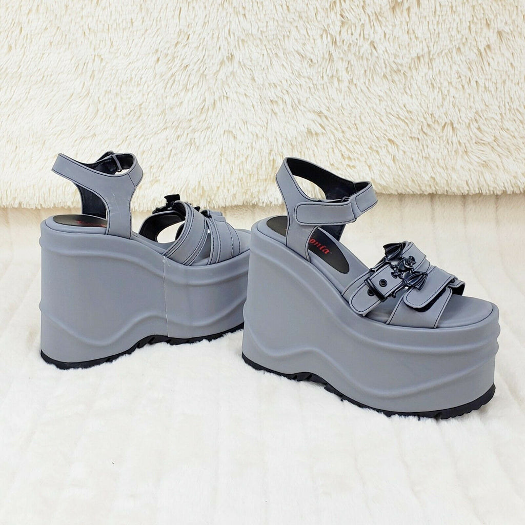 Wave 13 - 6" Platform Goth Bat Buckle Closure Sandals Shoes Gray Reflective NY - Totally Wicked Footwear