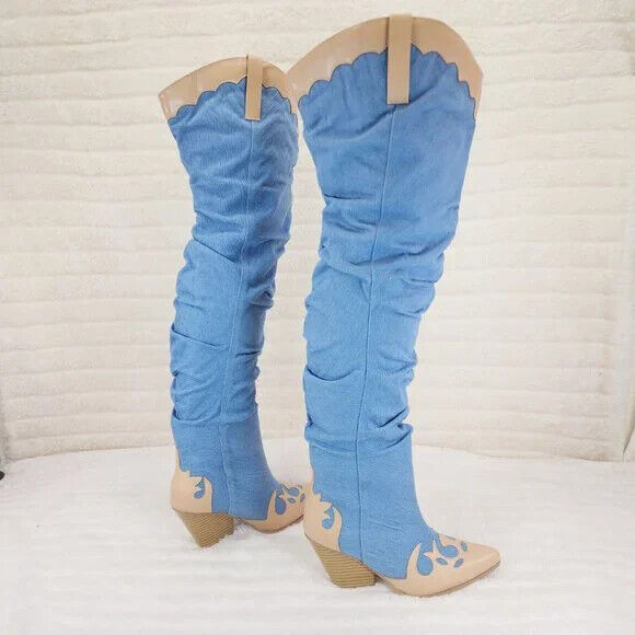 Western Denim OTK Thigh High Slouch Cowboy Boots - Totally Wicked Footwear