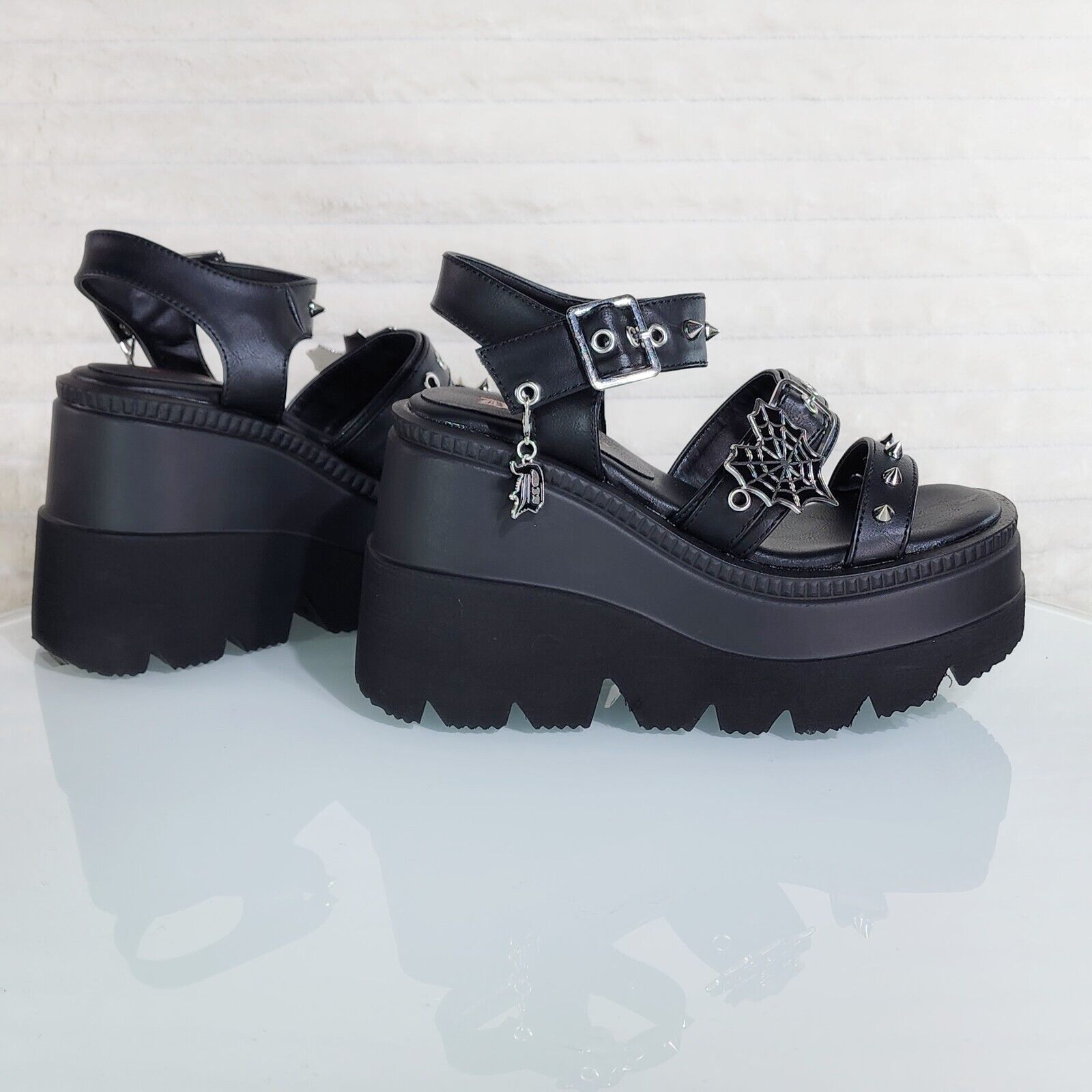 Shaker 13 Black Out Patent 4.5" Wedge Heel Gothic Sandals Studs And Charms NY - Totally Wicked Footwear