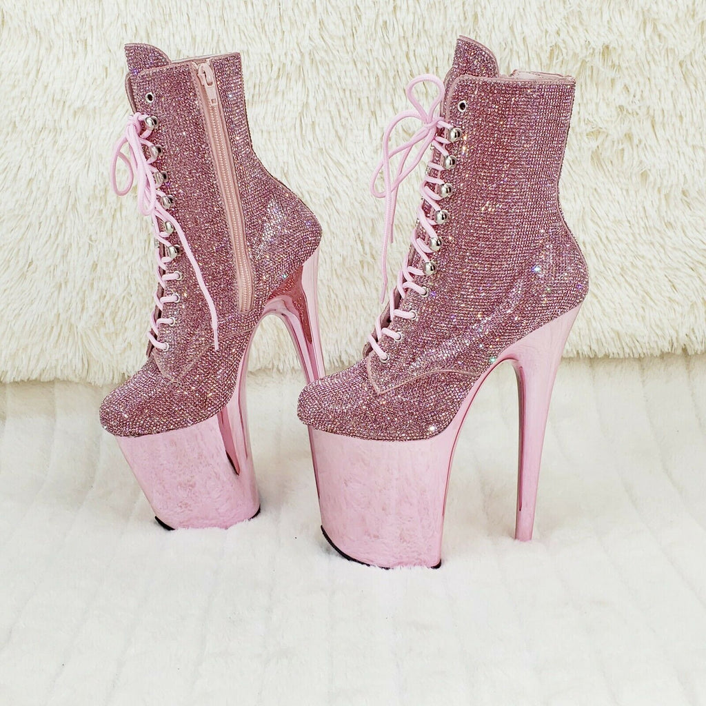 Baby Pink 1020CHRS Bejeweled Rhinestone 8" Heel Chrome Platform Ankle Boots NY - Totally Wicked Footwear