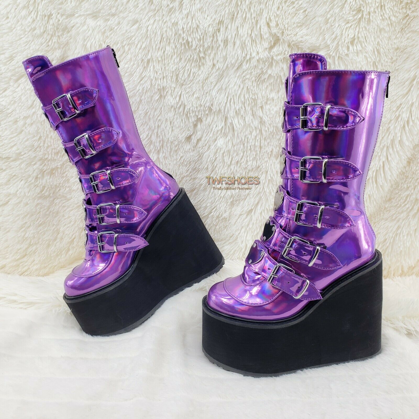 Swing 230 Purple Hologram Calf Boot 5.5" Platform Heart Strap Design US Sizes NY - Totally Wicked Footwear