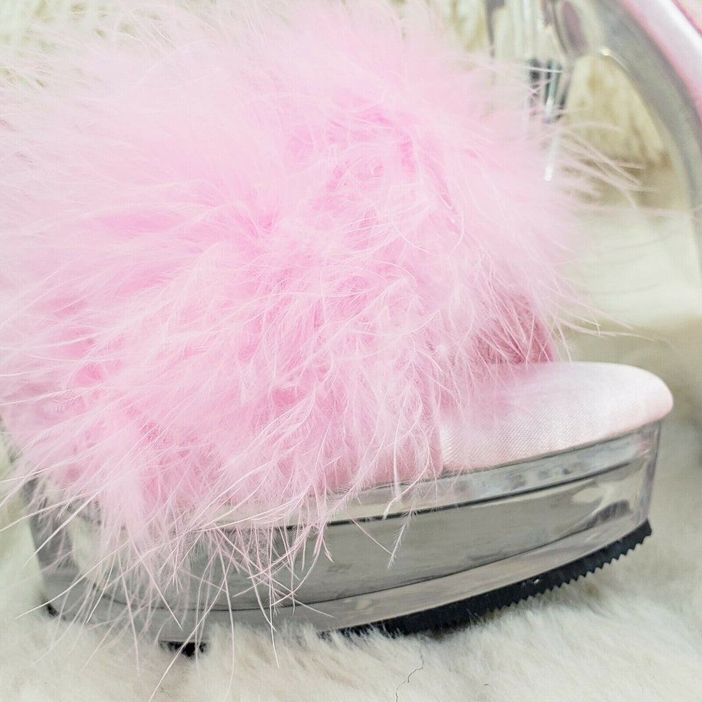Majesty 501 Marabou Feather Slip On Platform Sandals 6" Stiletto Heel Shoes Pink - Totally Wicked Footwear