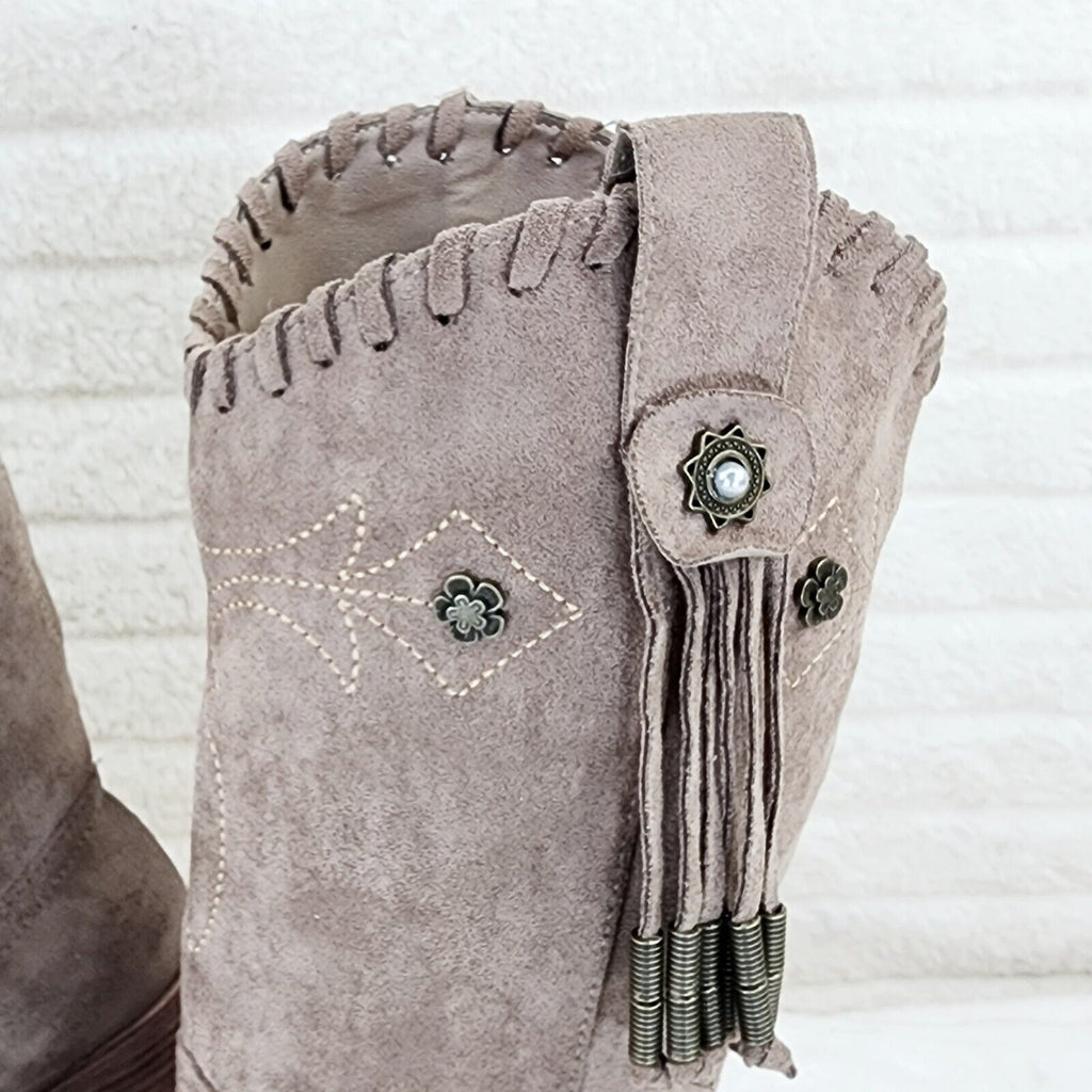 Prairie Girl Taupe Distressed Tassel Cowboy Cowgirl Pull On Mid Calf Boots - Totally Wicked Footwear