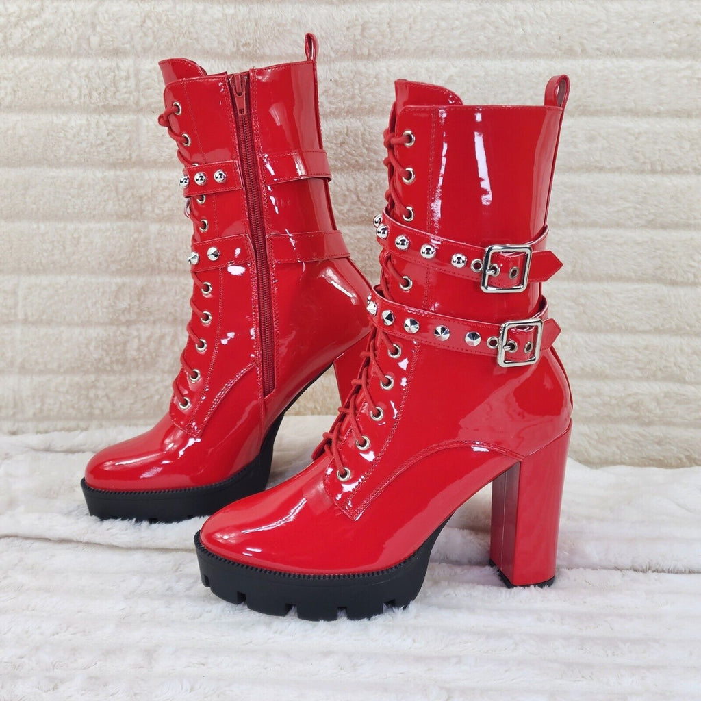 Bright Red Patent Lug Sole Studded Strap Ankle Boots Temptress Totally Wicked Footwear