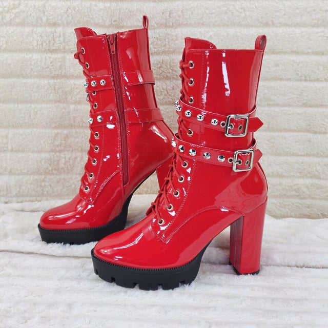 Bright Red Patent Lug Sole Studded Strap Ankle Boots Temptress - Totally Wicked Footwear