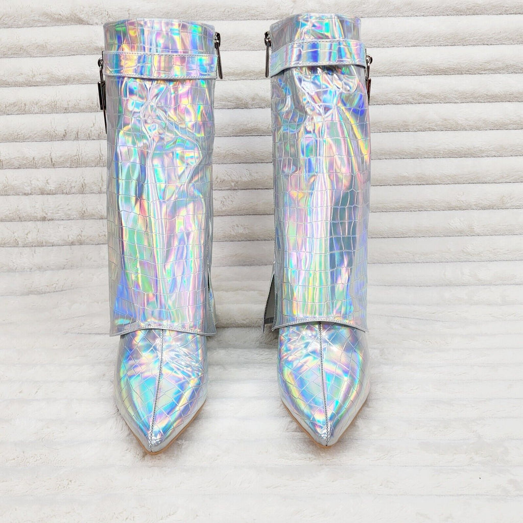 Vision Royal Silver Hologram Wedge Heel Fold Over Skirted Ankle Boots - Totally Wicked Footwear