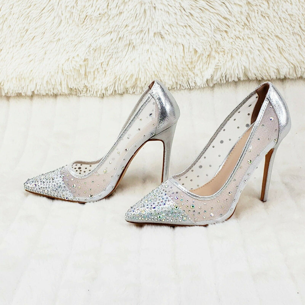 Krayzie Silver Mesh Jeweled 4.5" High Heel Stiletto Shoes Pointy Toe Pumps 6-10 - Totally Wicked Footwear