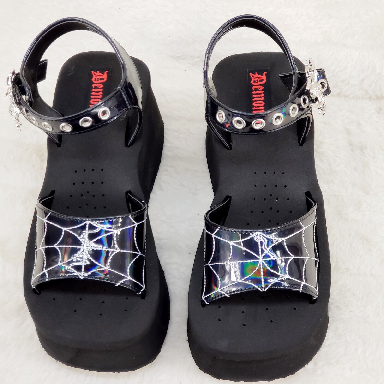 Funn Platform Goth Spider Web Sandals Ankle Strap Wedge Shoes Patent In House - Totally Wicked Footwear