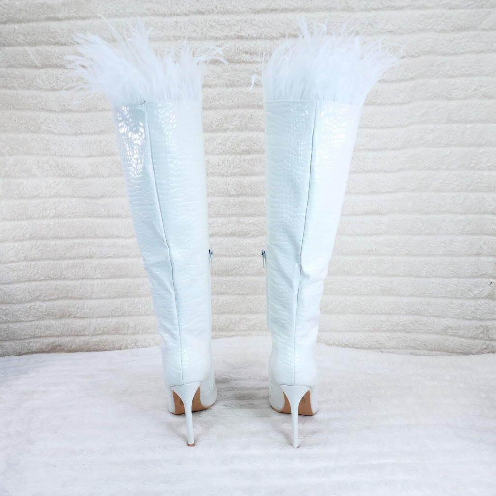 Flirty White Snake Texture Knee High Heel Stiletto Boots Sexy Feather Top - Totally Wicked Footwear