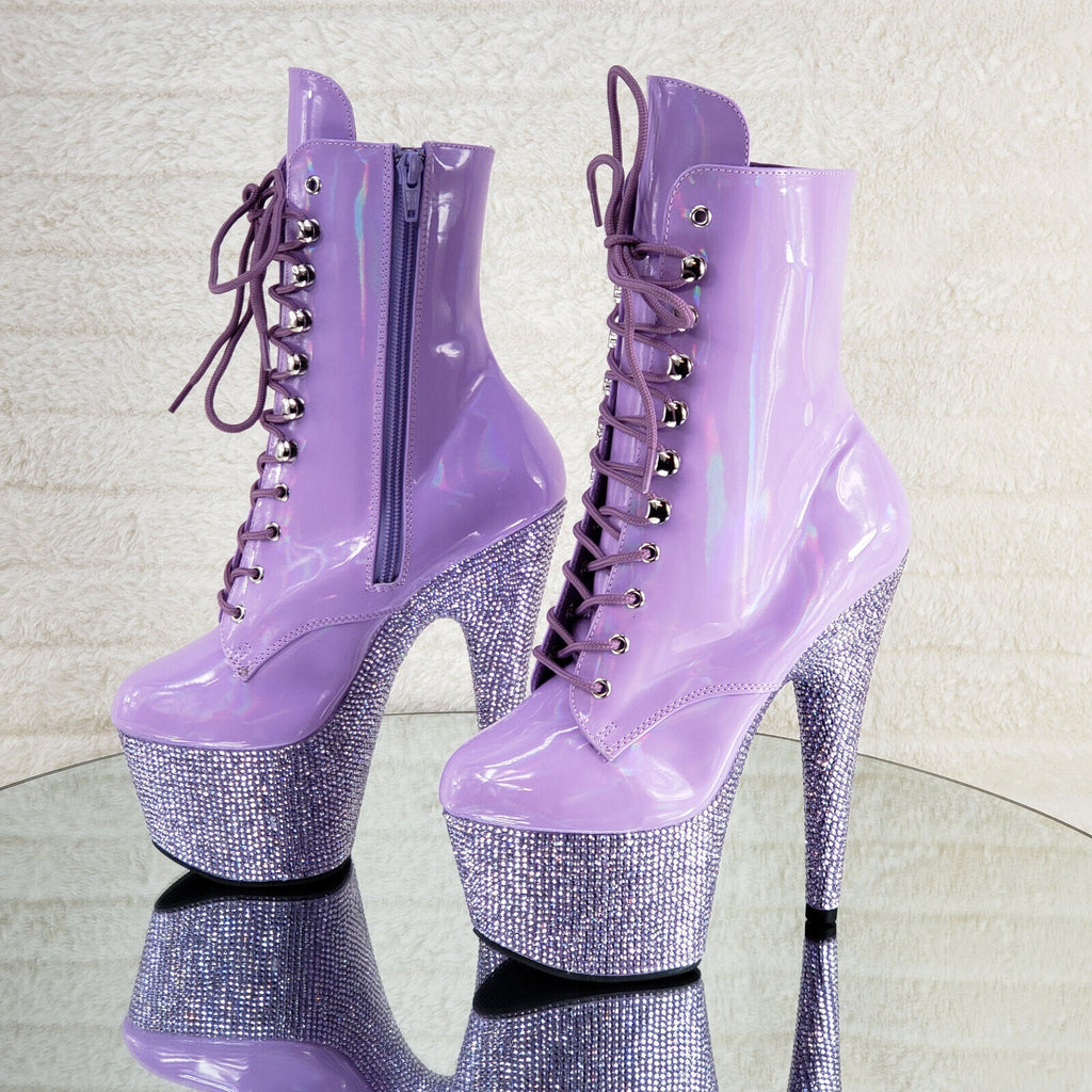 Bejeweled Lilac Rhinestone Platform Lace Up Ankle Boots 7" High Heels IN HOUSE - Totally Wicked Footwear