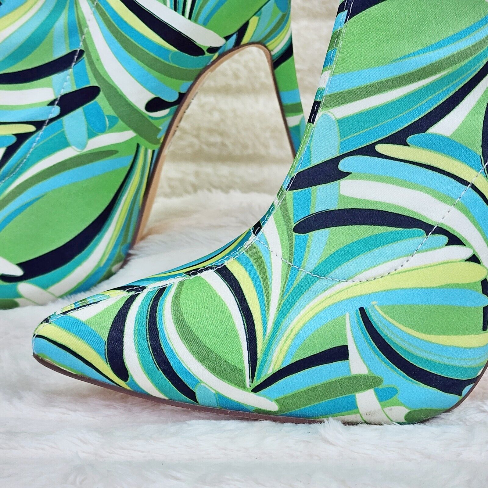 Odin Crazy Wild Color Pattern High Heel Stretch Fabric Ankle Boots - Green Blue - Totally Wicked Footwear