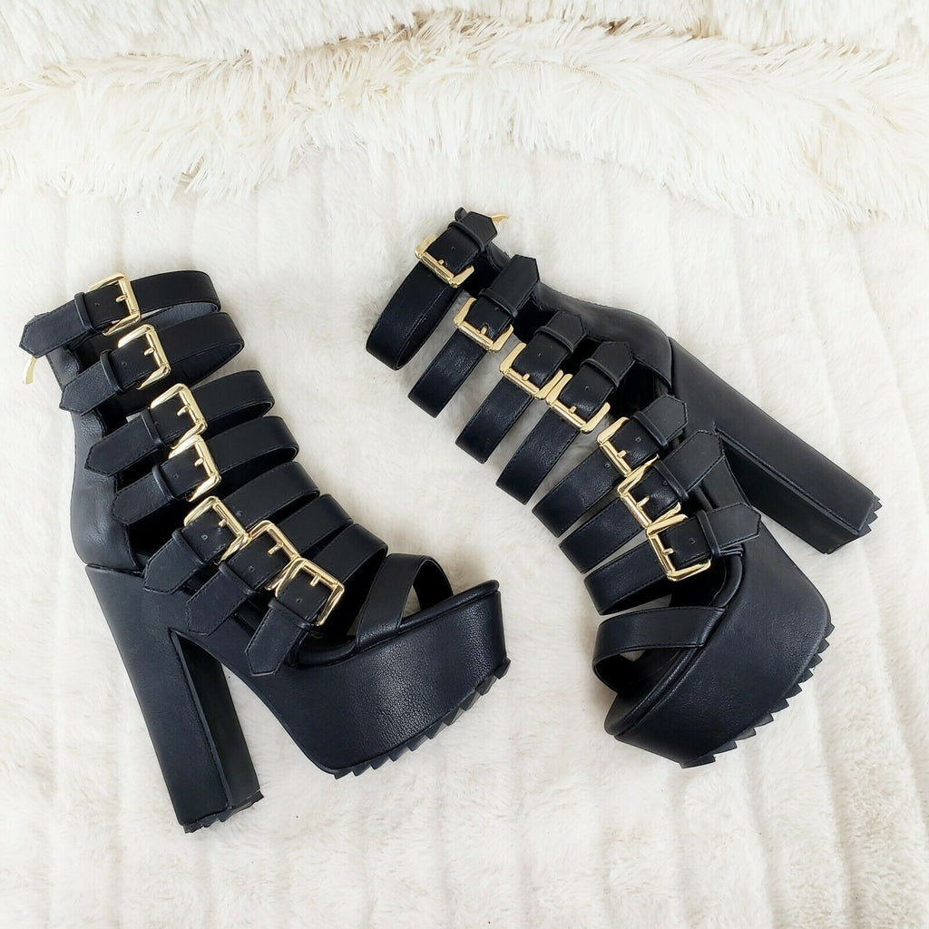 Meek Black Multi Strap 6" High Chunky Heel Platform Goth Grunge Ankle Boot - Totally Wicked Footwear