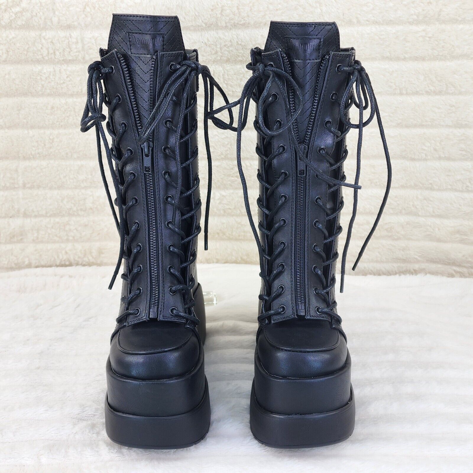 Void Black Matte Reflective Platform Wedge Mid Calf Boots IN HOUSE NY Demonia - Totally Wicked Footwear