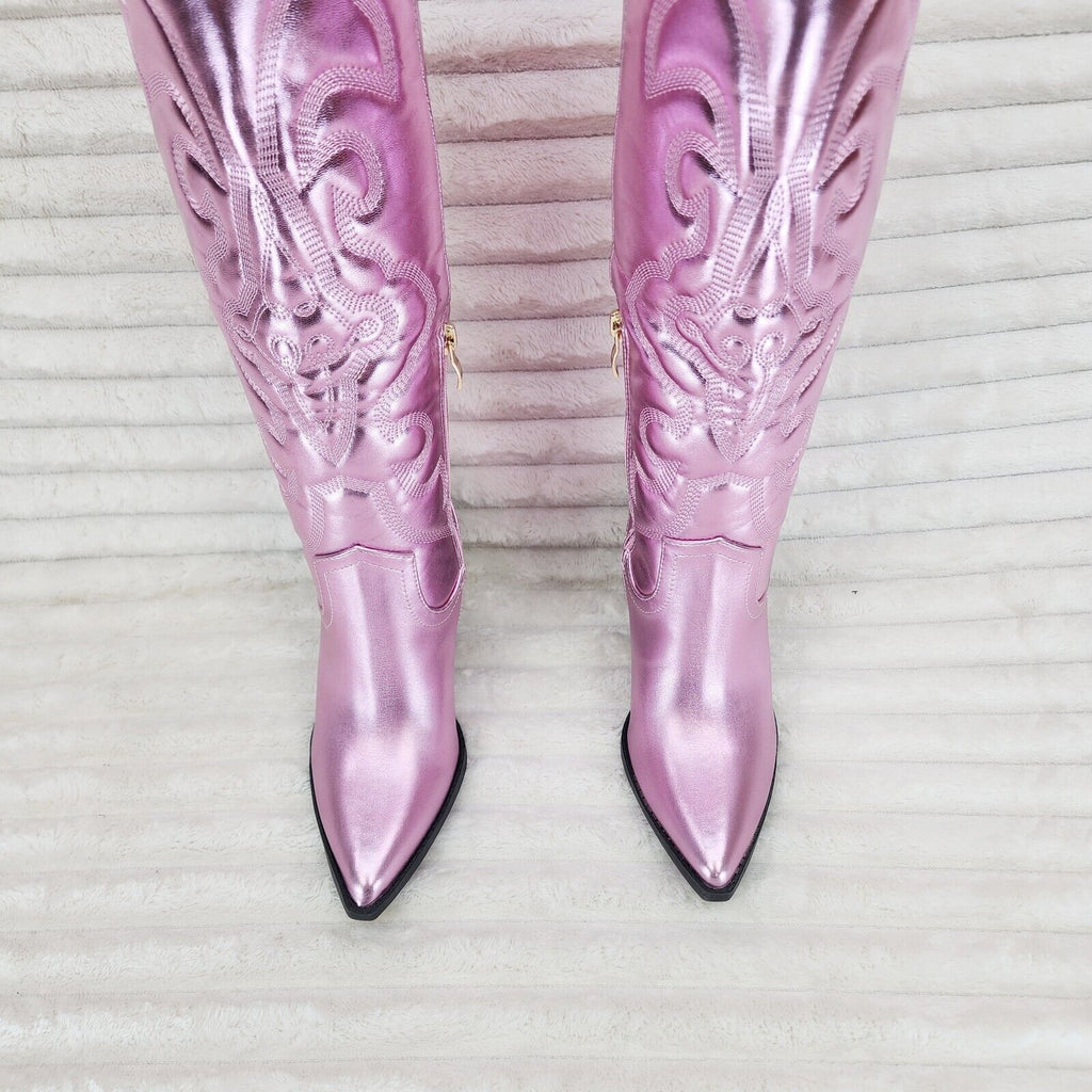 Electric Cowboy Brush Metallic Matte Western Knee High Cowgirl Boots Baby Pink - Totally Wicked Footwear