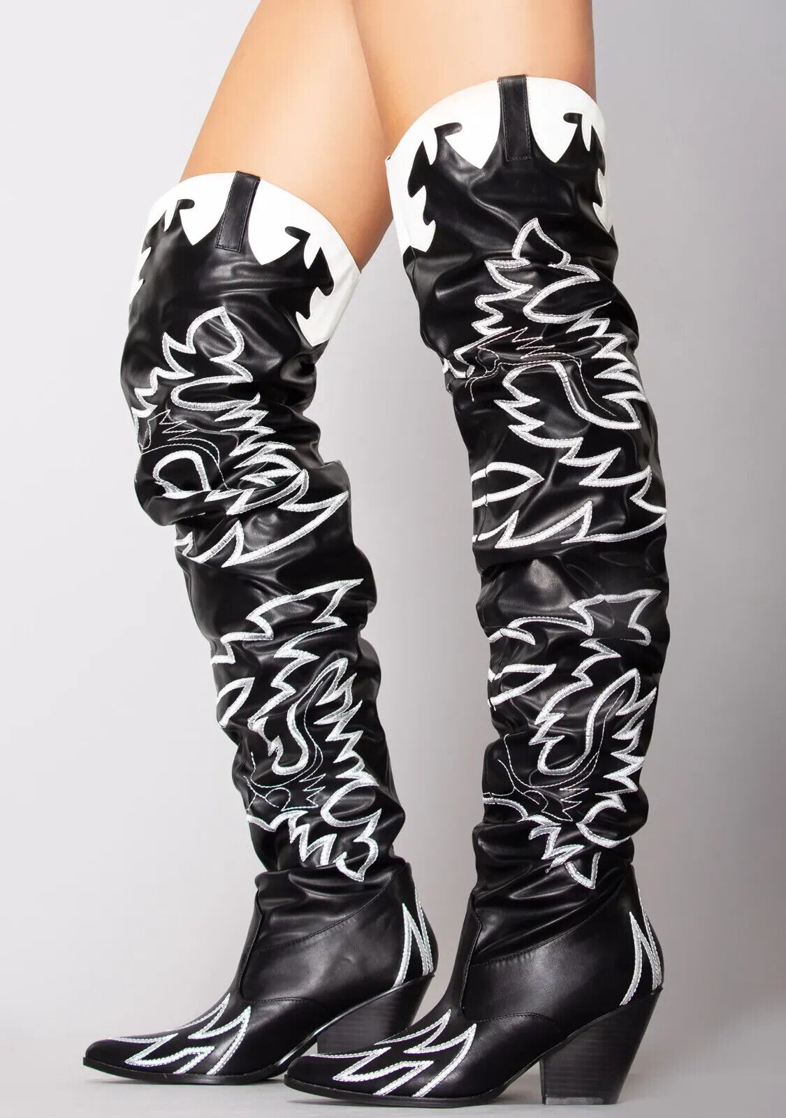 Kelsey 21 Rock Star Black & White Western Slouch OTK Thigh High Cowboy Boots - Totally Wicked Footwear