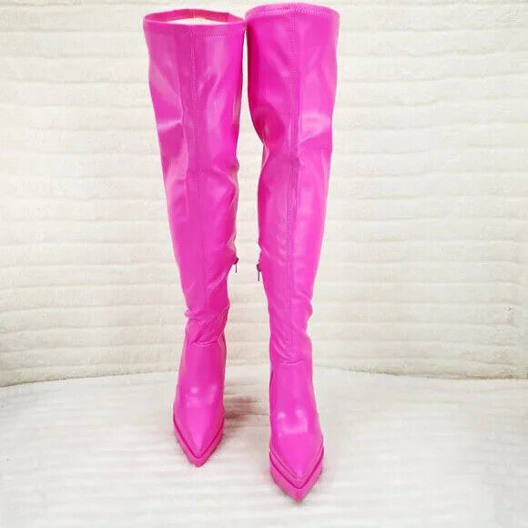 Delicious Hot Pink Fuchsia Pointy Toe Platform High Heel Stretch Thigh Boots - Totally Wicked Footwear