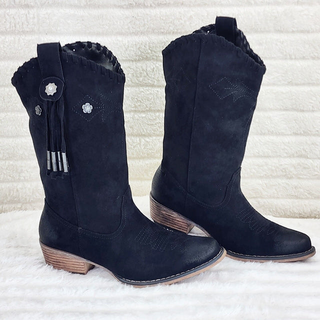 Prairie Girl Black Distressed Tassel Cowboy Cowgirl Pull On Mid Calf Boots - Totally Wicked Footwear
