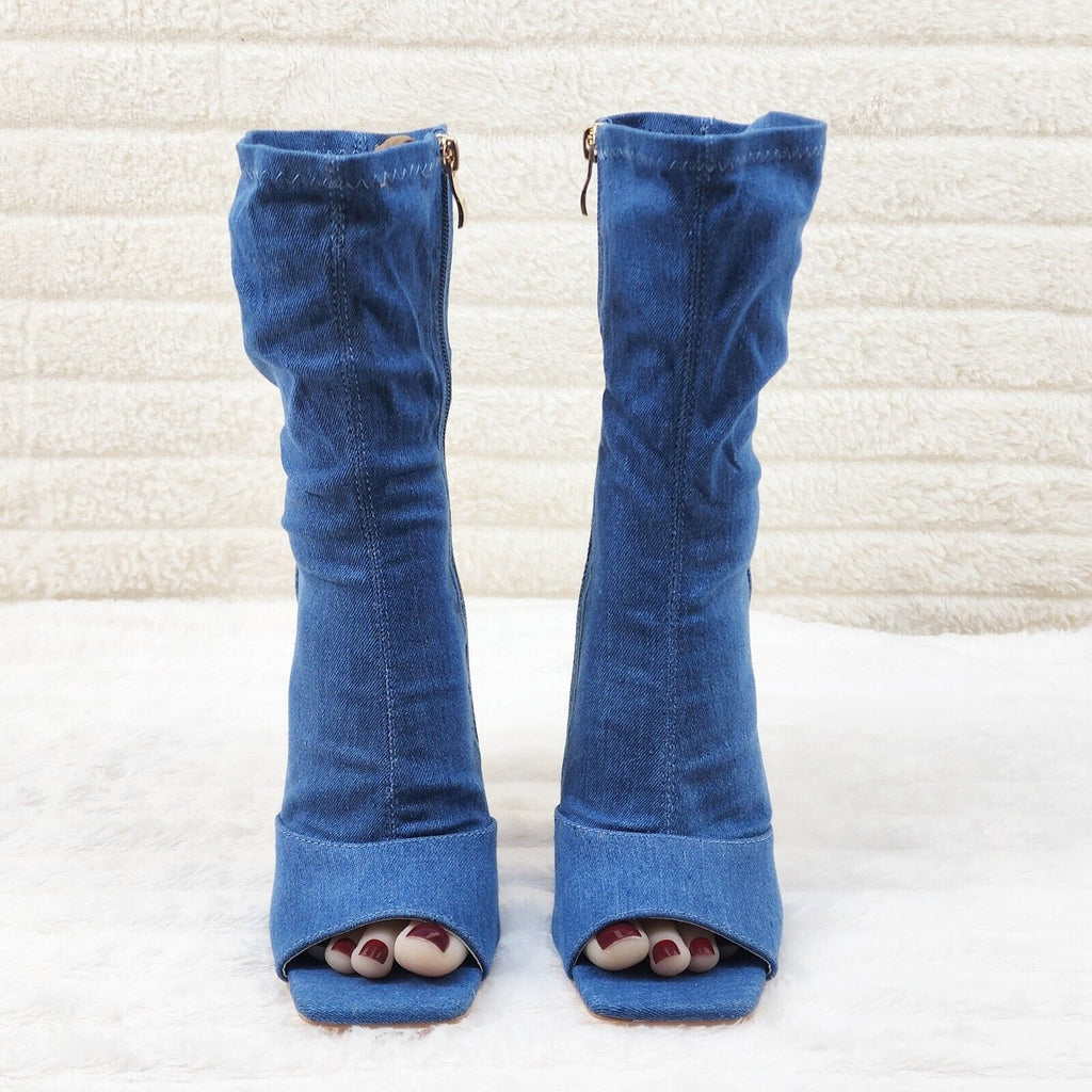 Sexy Blue Stretch Denim Square Open Toe High Heel Ankle Mid Calf Boots - Totally Wicked Footwear