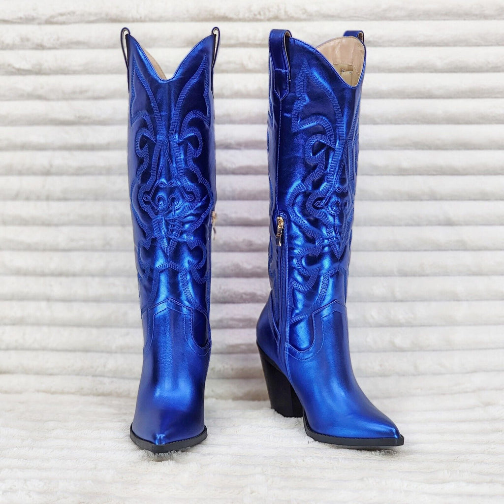Electric Cowboy Brush Metallic Matte Western Knee High Cowgirl Boots Blue - Totally Wicked Footwear