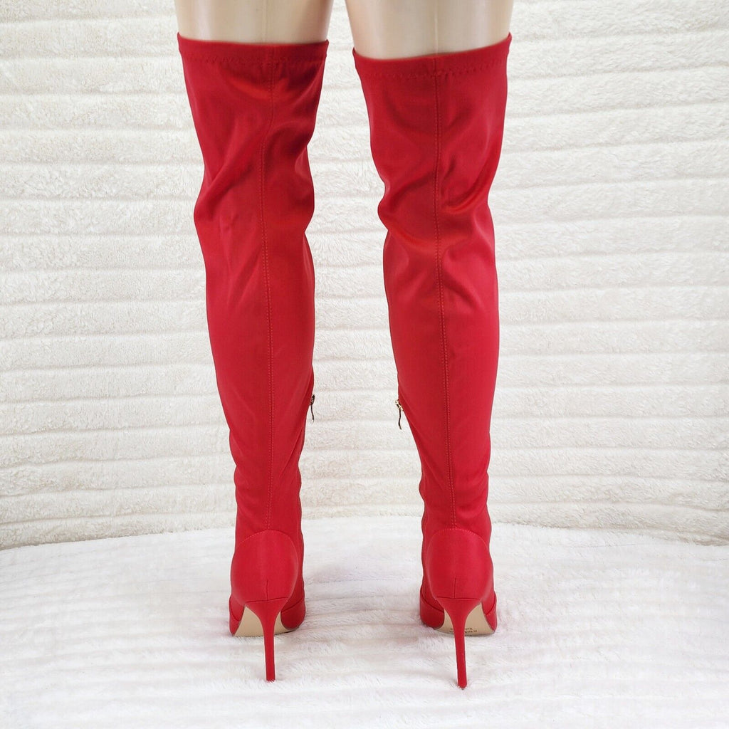 Vicky Bright Red Open Square Toe Stretch Thigh High Heel Boots - Totally Wicked Footwear