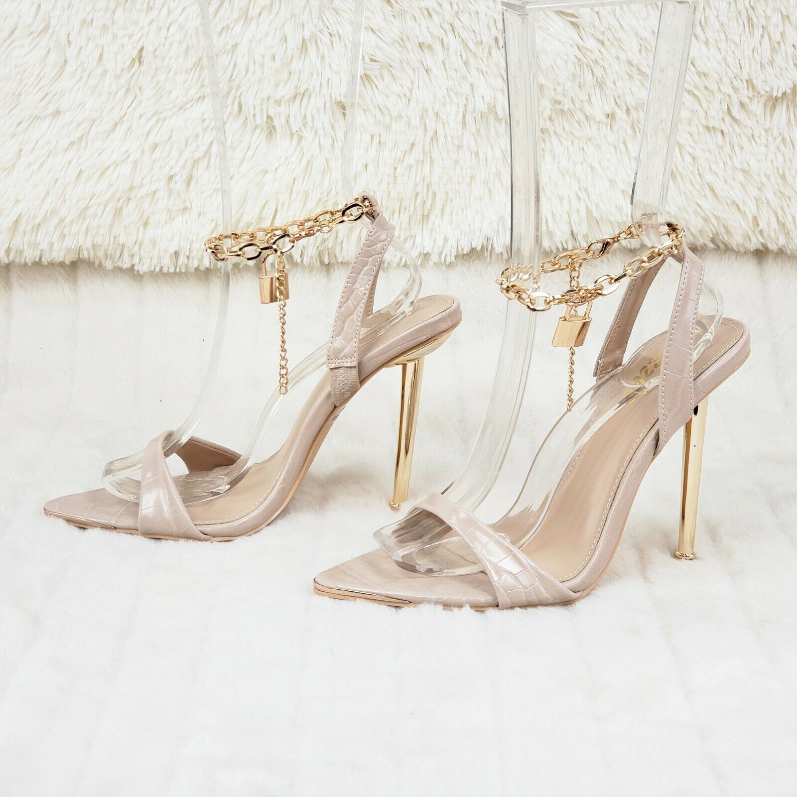 Nicely Pad Lock Chain Strap High Heels Metal Toe Tip Shoes Nude - Totally Wicked Footwear