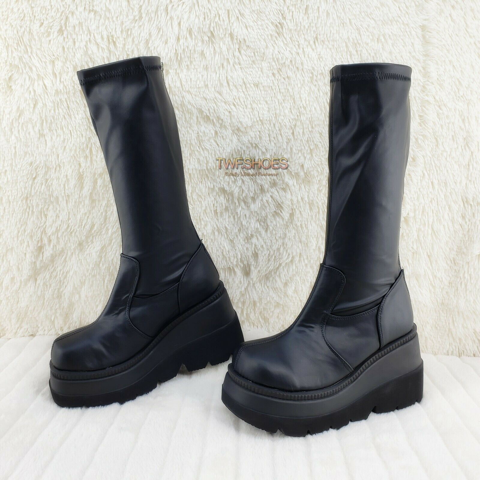 Demonia Shaker 65 Black Matte Platform 4.5" Wedge Heel Knee Boots NY - Totally Wicked Footwear