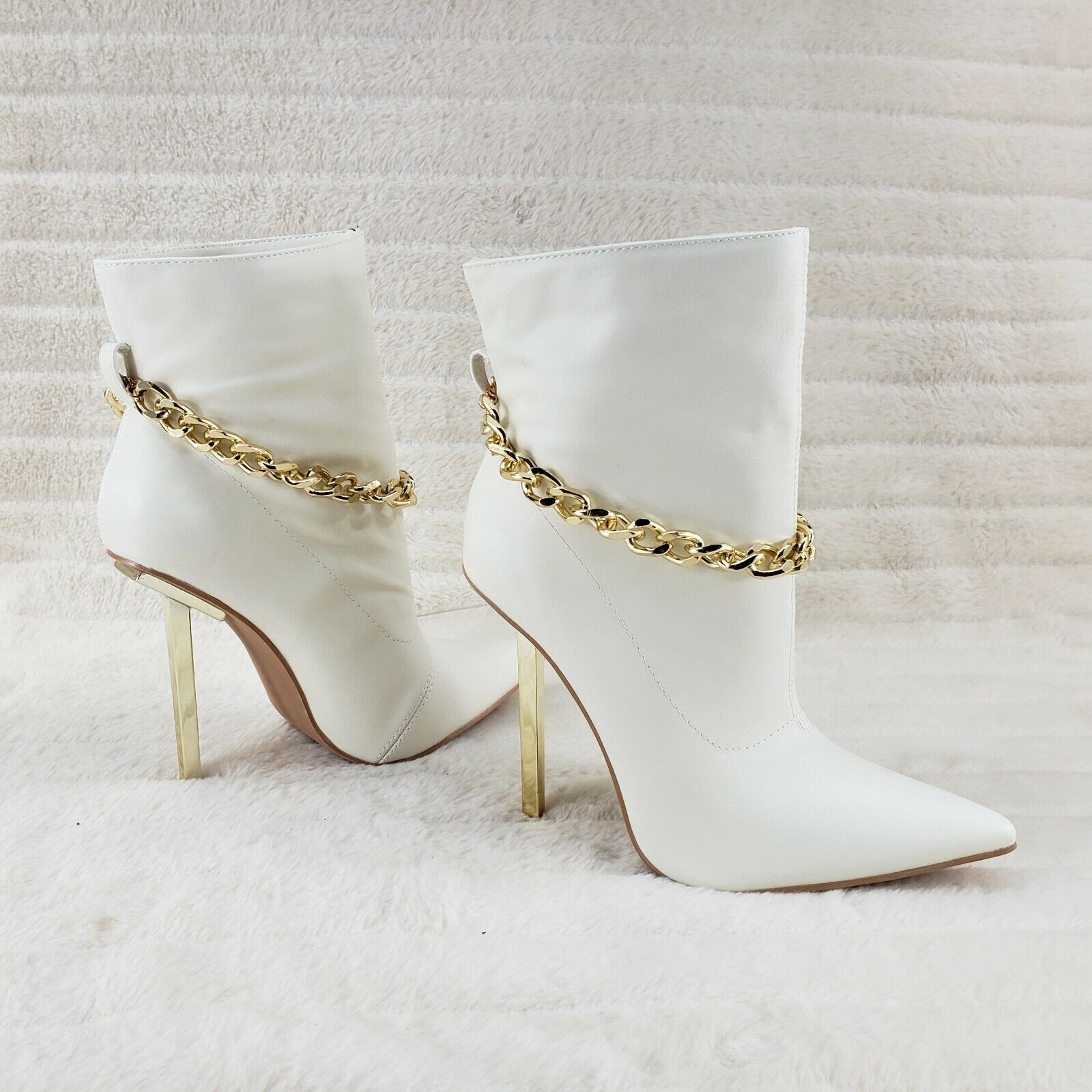 Venomous White Pointy Toe Spike Stiletto Heel Ankle Boots Gold Tone Chain - Totally Wicked Footwear