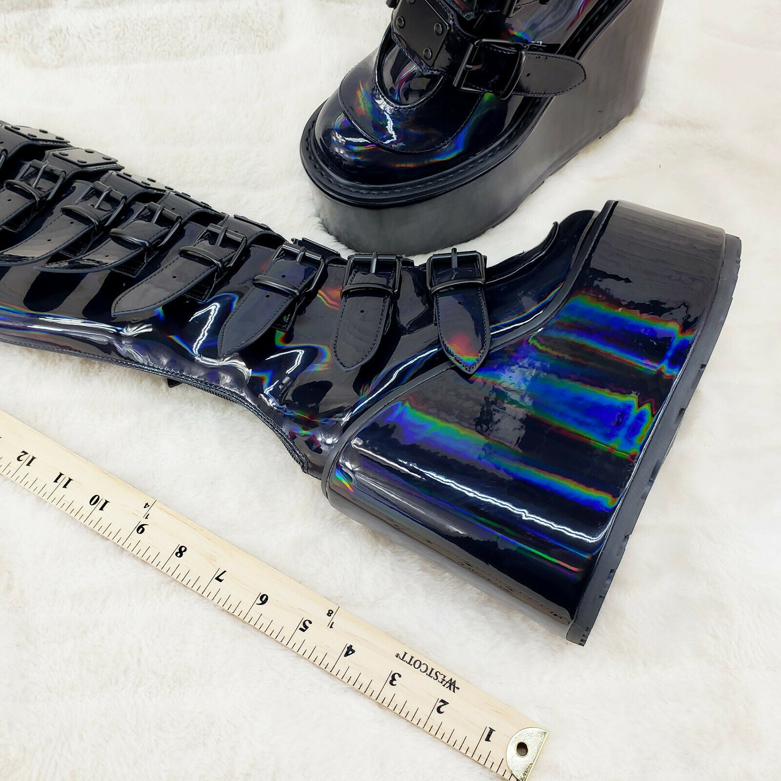 Swing 815 Black Oil Slick hologram Goth Punk Knee Boot 5.5" Platform In House - Totally Wicked Footwear