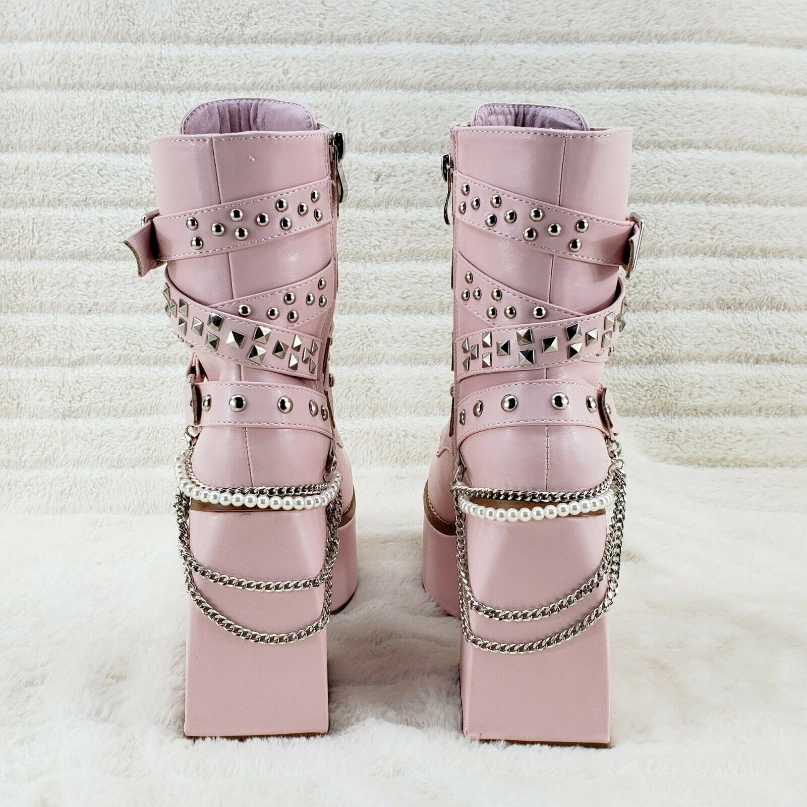 Ocho Baby Pink Ice Multipile Stud Strap Platform Chunky Block Heel Ankle Boots - Totally Wicked Footwear