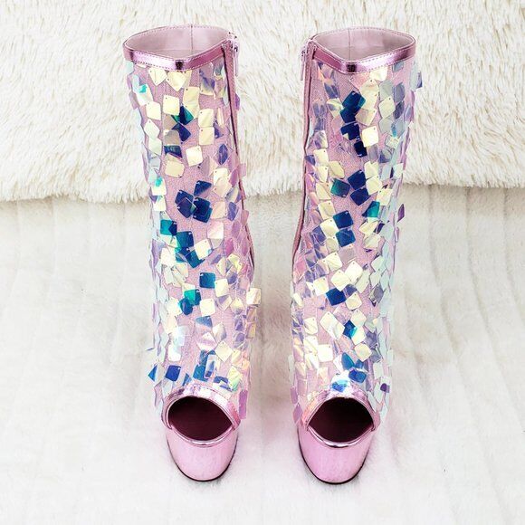 Delight 1031SQ Pink Opal Sequin Ankle Boot 7" High Heel Shoe Sizes 11 & 12 NY - Totally Wicked Footwear