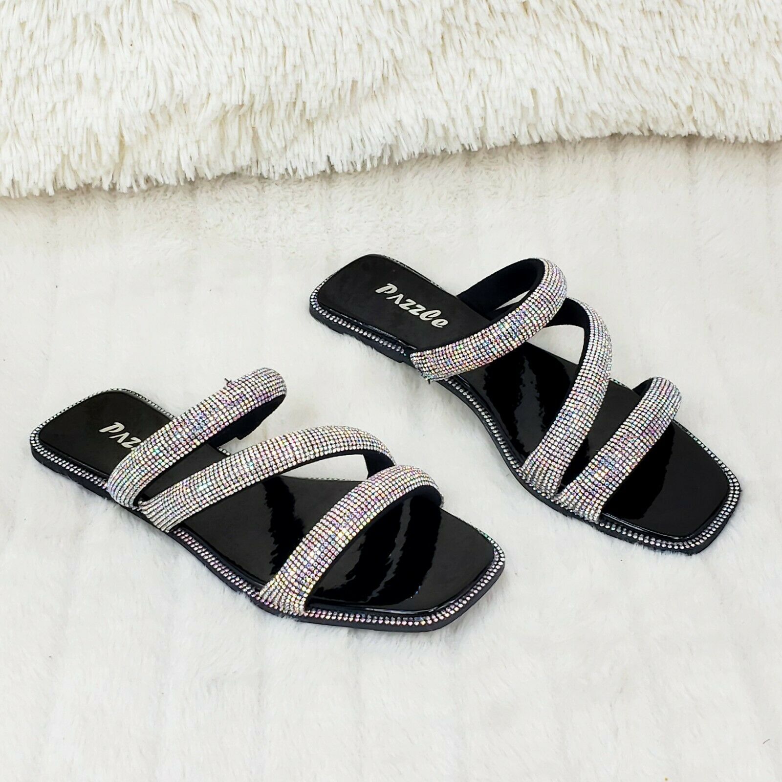 Sparkle Triple Padded Strap Slip On Iridescent Rhinestone Sandals Black - Totally Wicked Footwear