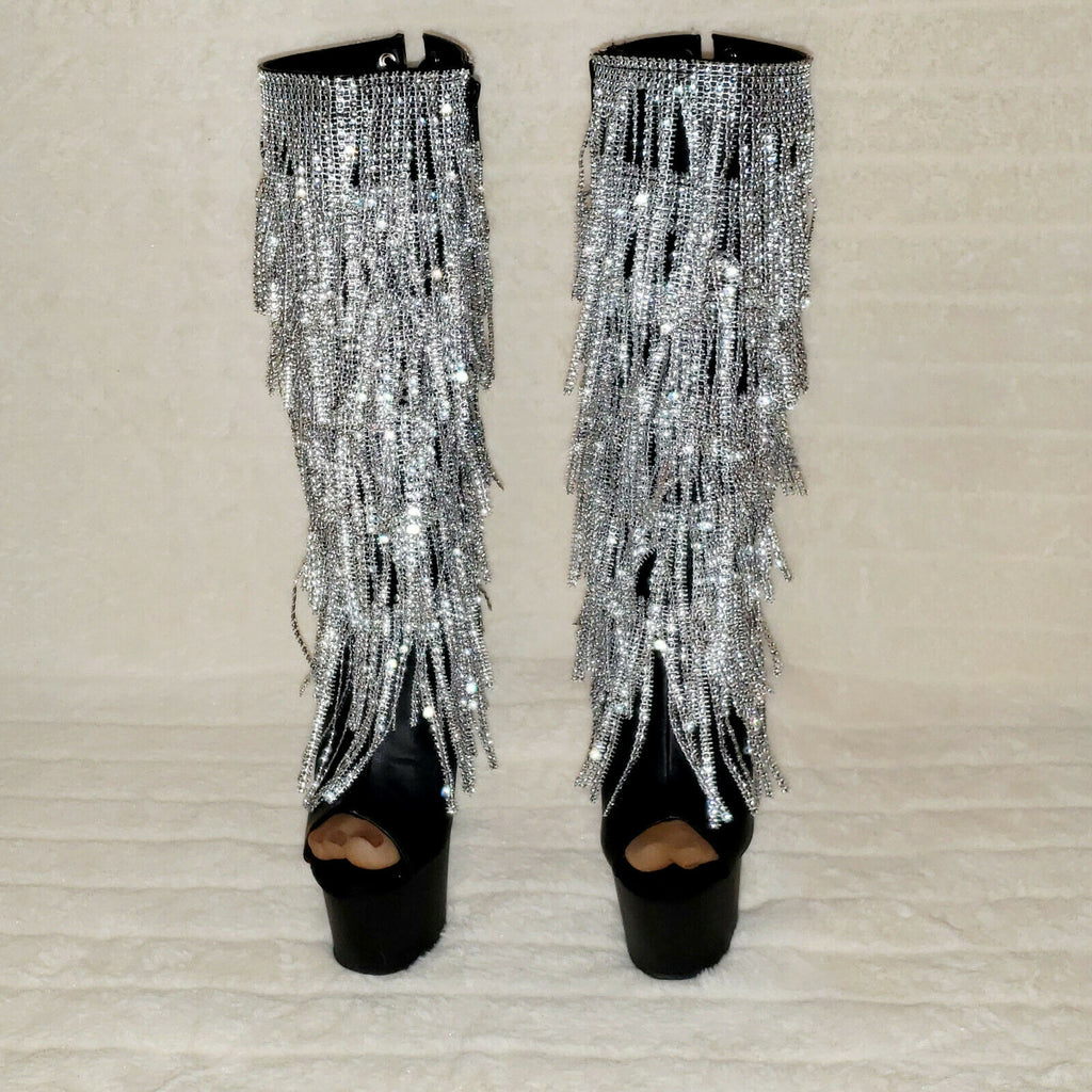 Adore 2024 Silver Fringe Black Platform 7" High Heel Fringe Knee Boots NY - Totally Wicked Footwear
