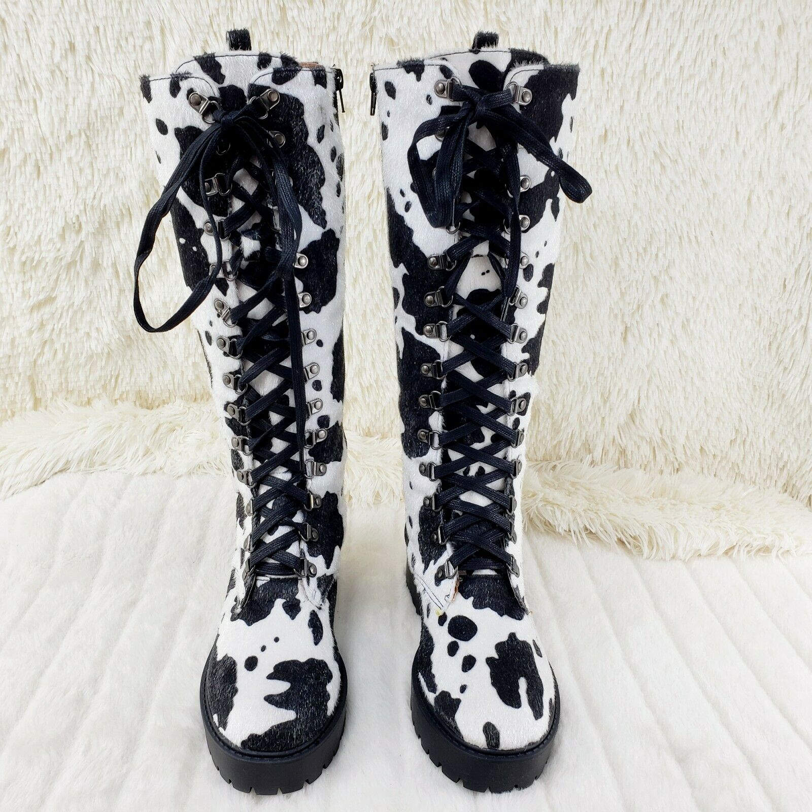 Savage Goth Punk Rock Faux Cow Fur Lace Up Platform Combat Knee Boots - Totally Wicked Footwear