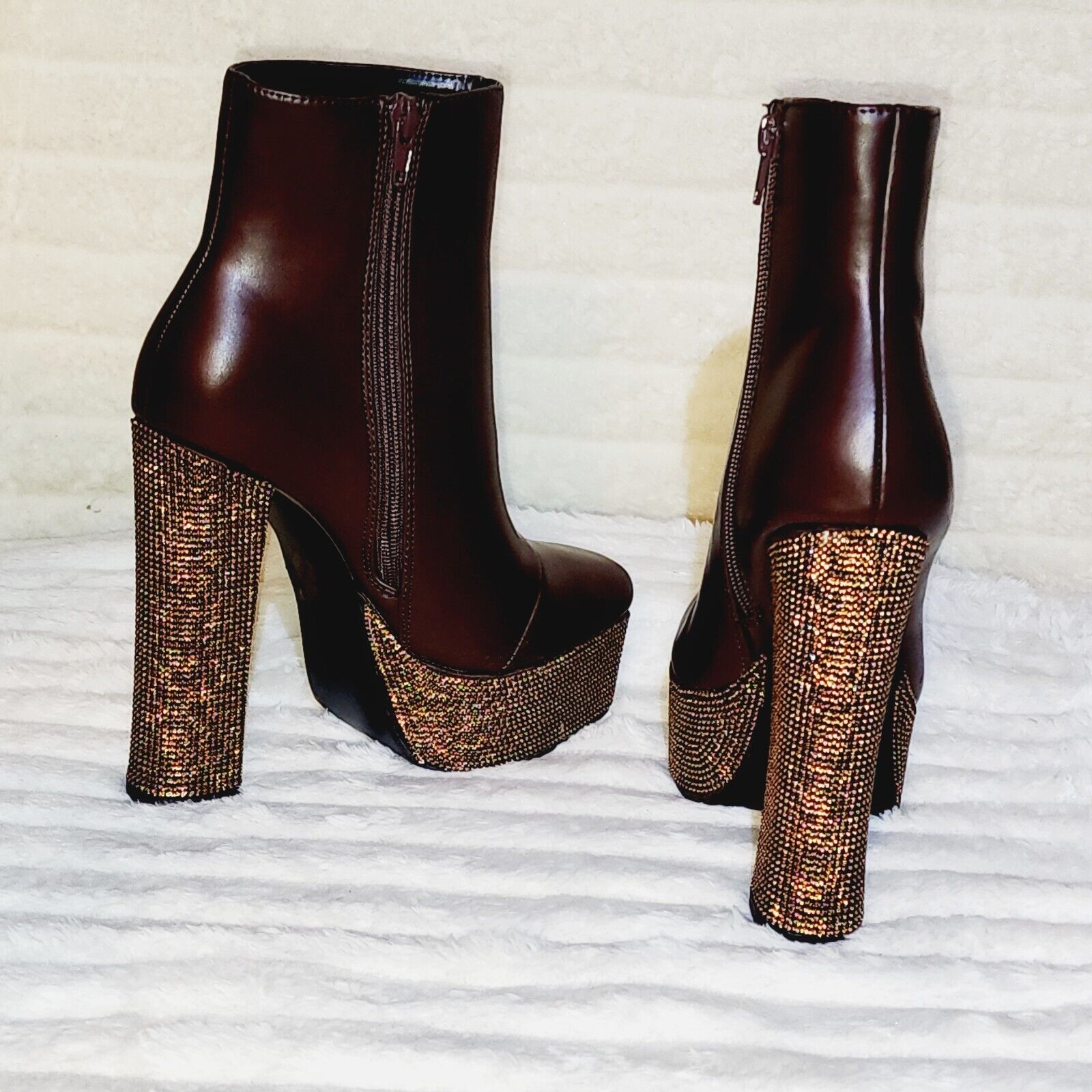 Nikki Brown Leatherette Rhinestone Platform Chunky Heel Ankle Boots - Totally Wicked Footwear