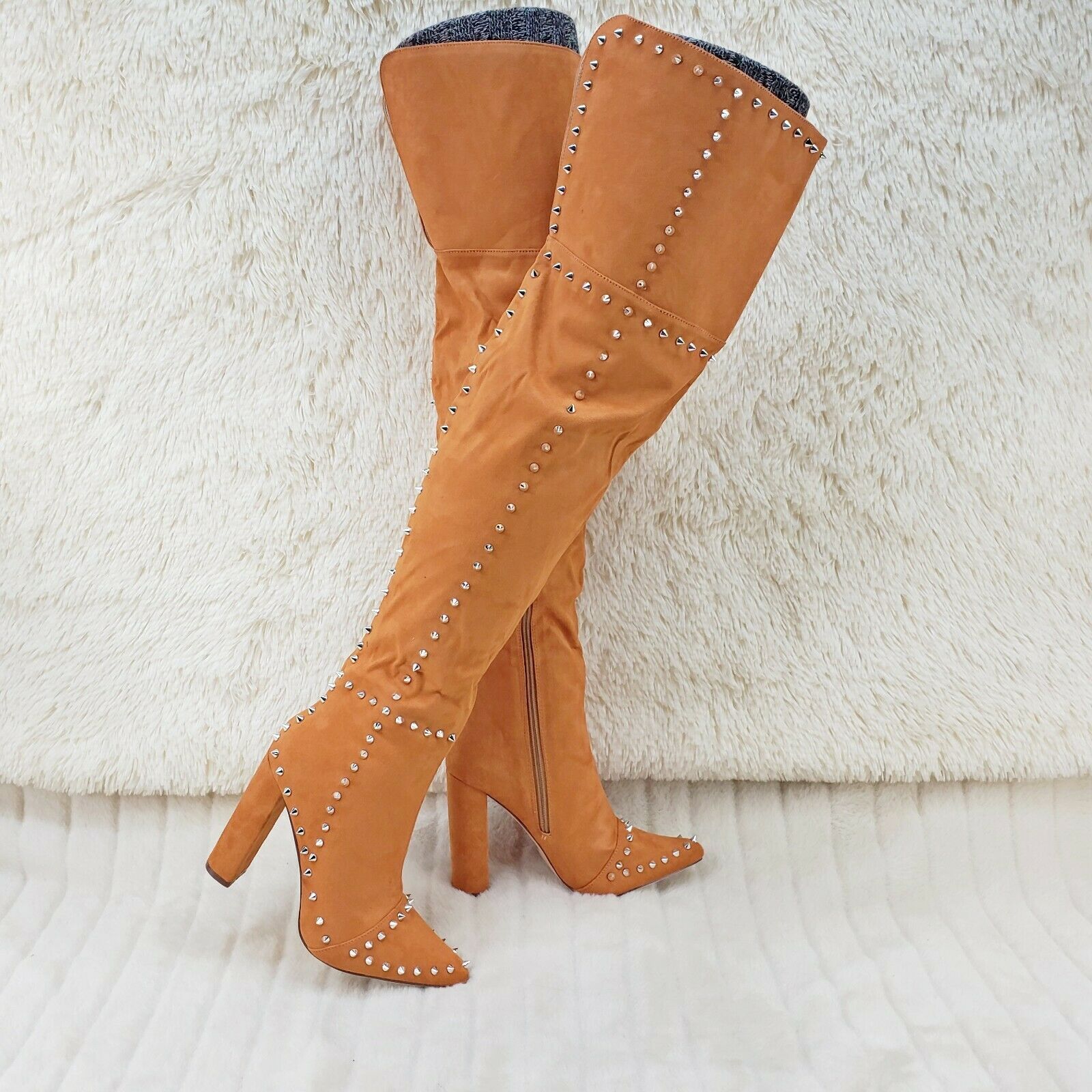 Steph Tan Camel Faux Suede Silver Tone Studded Thigh High Chunky Heel Boots - Totally Wicked Footwear