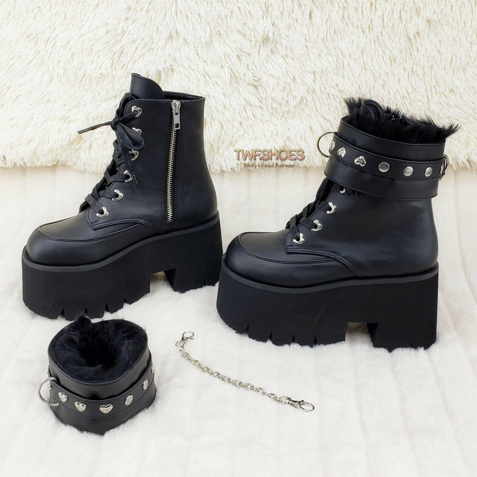 Ashes 57 Black Heart Studs 3.5" Platform Goth Boots Fur Lined Cuffs & Chain NY - Totally Wicked Footwear